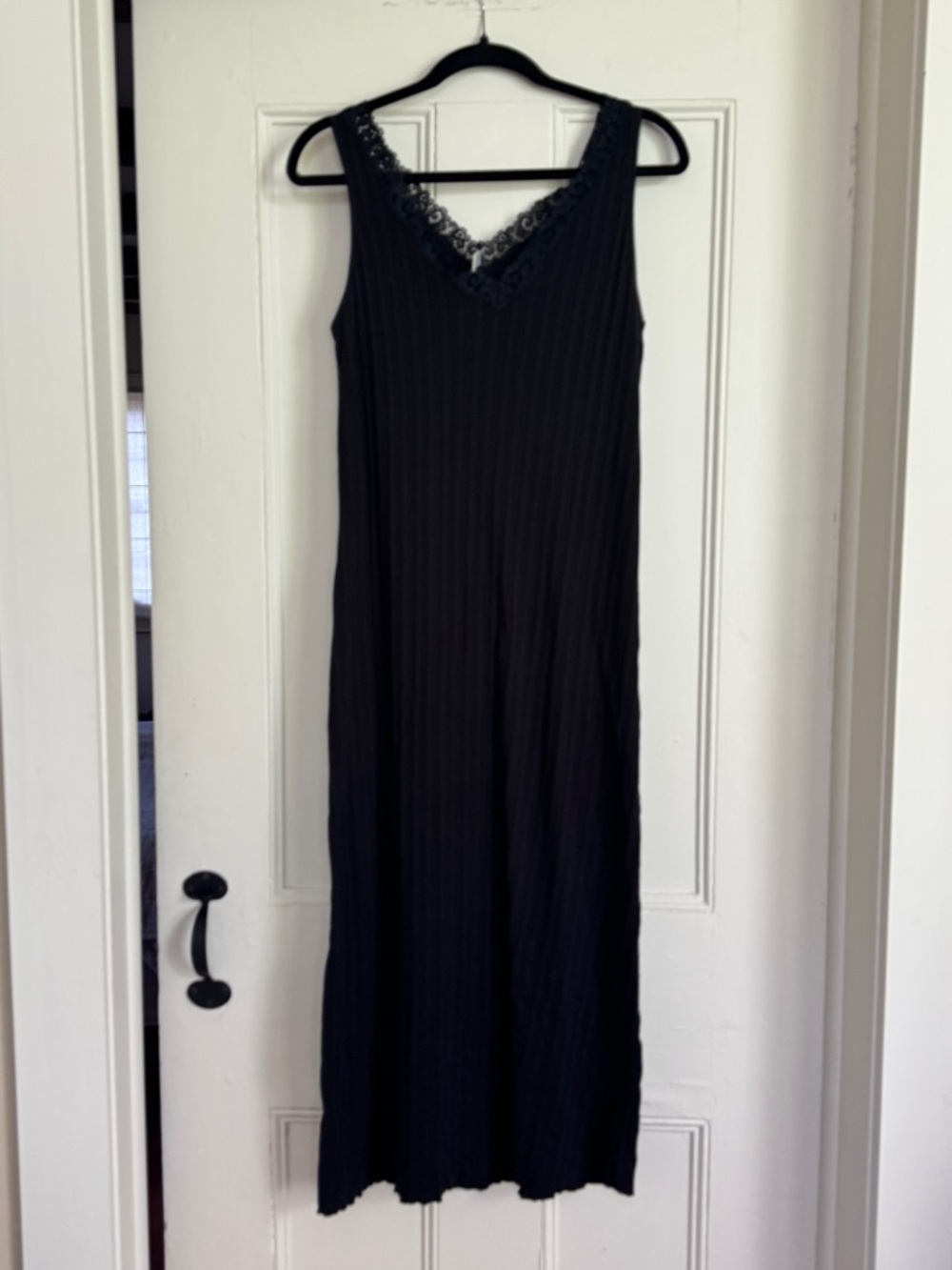 Donna Karan Intimates Ribbed Cotton Lace Trim Midi Dress Black Size Small